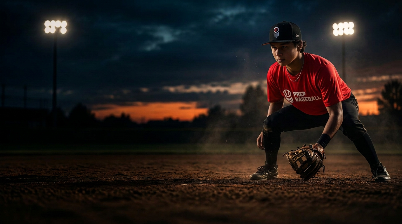 Brennen Crouch in infield ready stance under stadium lights